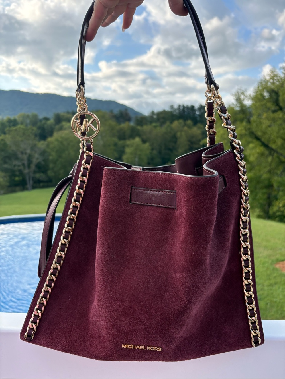 Michael Kors Burgundy Suede Chain-Handle Shoulder Bag with Gold Accents